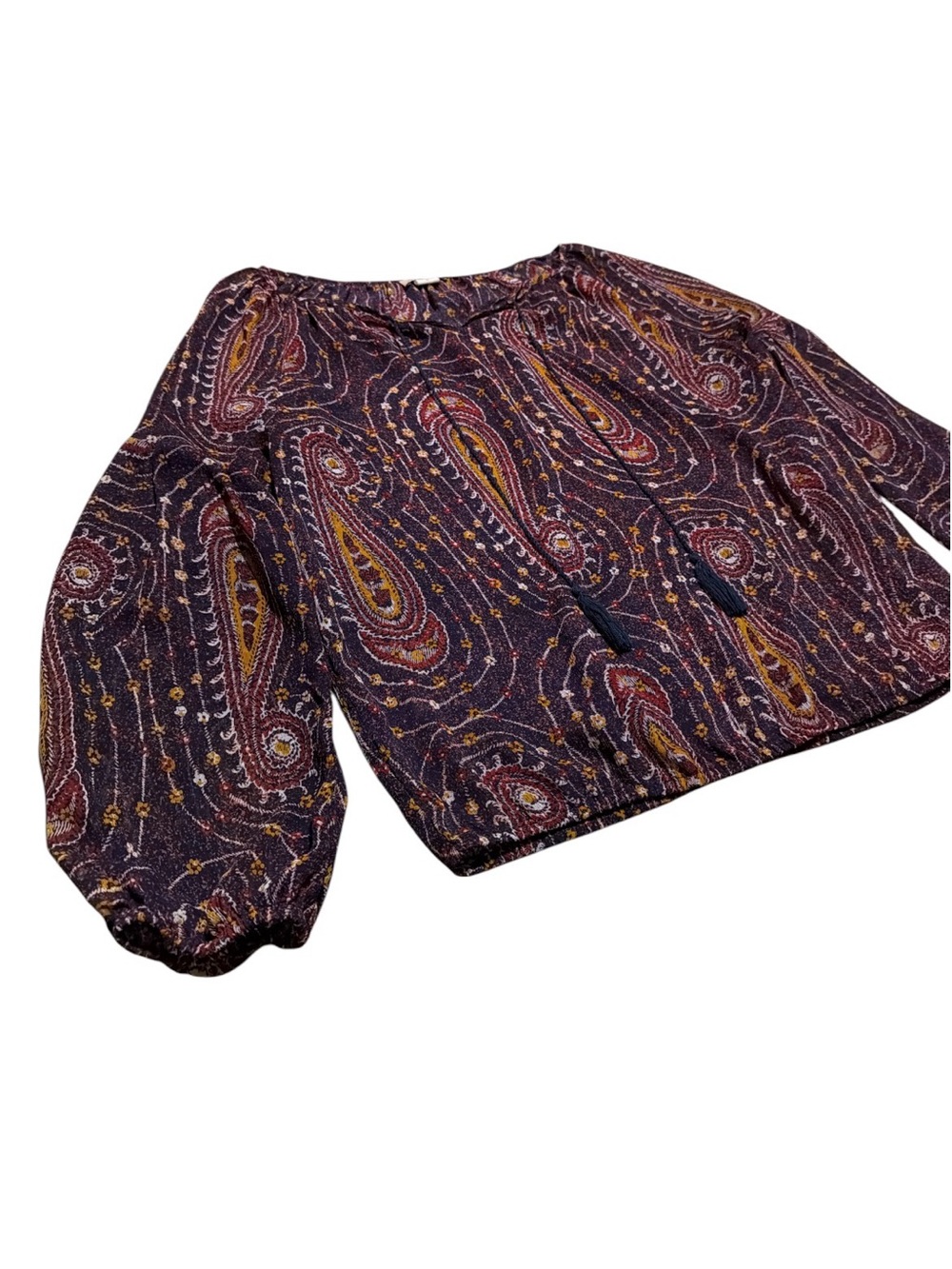 Lucky Brand Women’s M Sheer Paisley Peasant Blouse Boho Tassel Tie - Picture 3 of 5